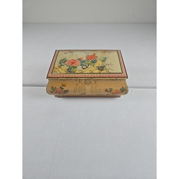 Vintage English Floral Tin Box Chinoiserie Garden Scene Hinged Metal Container - Picture 2 of 11